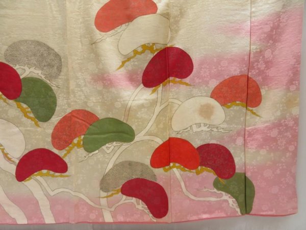 Photo7: 5106T06z990 Vintage Japanese Kimono Silk FURISODE Pine Light cream (7)