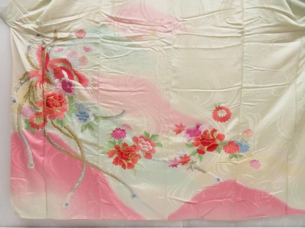 Photo5: 5106T09z1210 Vintage Japanese Kimono Silk FURISODE Phoenix Off-white (5)