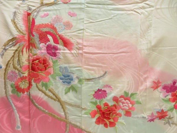Photo8: 5106T09z1210 Vintage Japanese Kimono Silk FURISODE Phoenix Off-white (8)