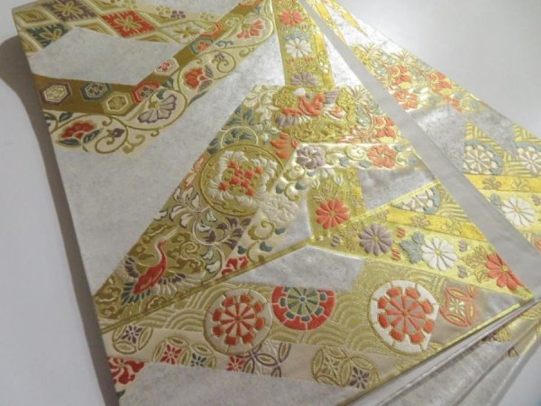 Photo1: 5115Y02z1100  Japanese Kimono Silk FUKURO OBI Flowers Silver 171.7x12.2 (1)