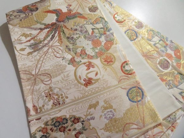 Photo1: 5115Y04z980  Japanese Kimono Silk FUKURO OBI Phoenix Gold 168.5x12.2 (1)
