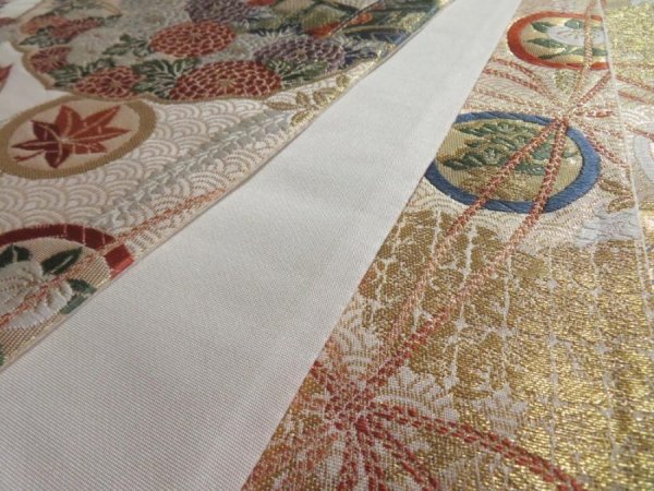 Photo2: 5115Y04z980  Japanese Kimono Silk FUKURO OBI Phoenix Gold 168.5x12.2 (2)