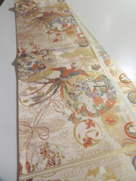 Photo3: 5115Y04z980  Japanese Kimono Silk FUKURO OBI Phoenix Gold 168.5x12.2 (3)