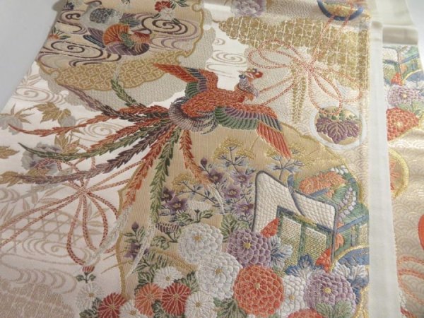 Photo4: 5115Y04z980  Japanese Kimono Silk FUKURO OBI Phoenix Gold 168.5x12.2 (4)