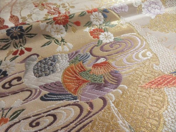 Photo5: 5115Y04z980  Japanese Kimono Silk FUKURO OBI Phoenix Gold 168.5x12.2 (5)
