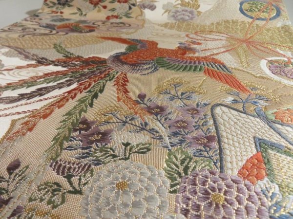 Photo6: 5115Y04z980  Japanese Kimono Silk FUKURO OBI Phoenix Gold 168.5x12.2 (6)