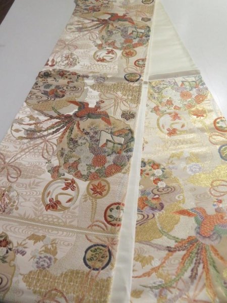 Photo7: 5115Y04z980  Japanese Kimono Silk FUKURO OBI Phoenix Gold 168.5x12.2 (7)