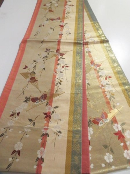 Photo6: 5115Y05z800  Japanese Kimono Silk FUKURO OBI Sakura  170.1x12.2 (6)