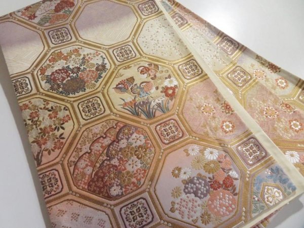 Photo1: 5115Y06z680  Japanese Kimono Silk FUKURO OBI Flowers  165.4x12.2 (1)
