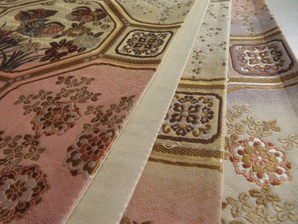 Photo2: 5115Y06z680  Japanese Kimono Silk FUKURO OBI Flowers  165.4x12.2 (2)