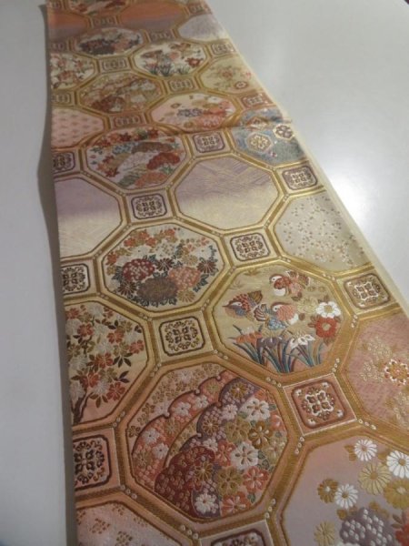 Photo3: 5115Y06z680  Japanese Kimono Silk FUKURO OBI Flowers  165.4x12.2 (3)