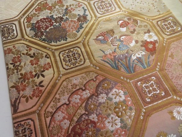 Photo4: 5115Y06z680  Japanese Kimono Silk FUKURO OBI Flowers  165.4x12.2 (4)