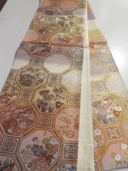 Photo6: 5115Y06z680  Japanese Kimono Silk FUKURO OBI Flowers  165.4x12.2 (6)