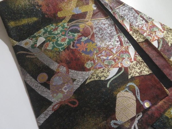 Photo1: 5115Y08z940  Japanese Kimono Silk FUKURO OBI Makimono Black 173.2x12.2 (1)