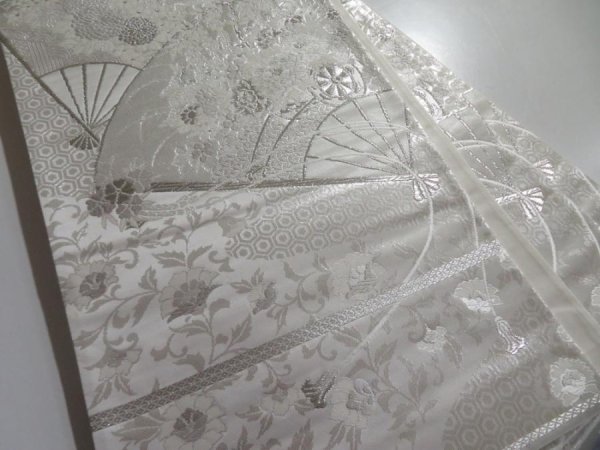 Photo1: 5115Y10z1000  Japanese Kimono Silk FUKURO OBI Folding fan Silver 173.2x12.2 (1)