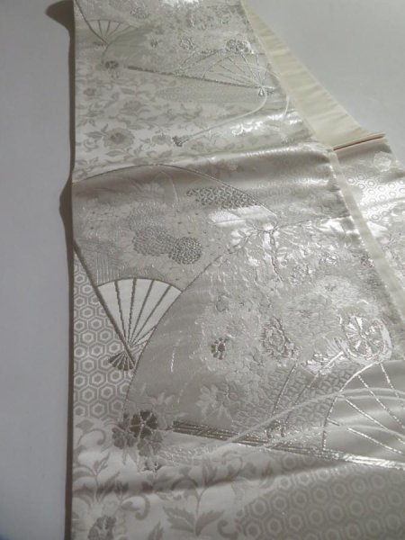 Photo3: 5115Y10z1000  Japanese Kimono Silk FUKURO OBI Folding fan Silver 173.2x12.2 (3)