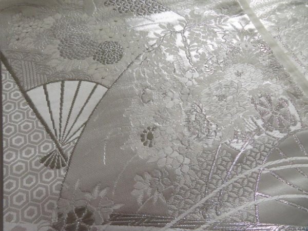 Photo4: 5115Y10z1000  Japanese Kimono Silk FUKURO OBI Folding fan Silver 173.2x12.2 (4)