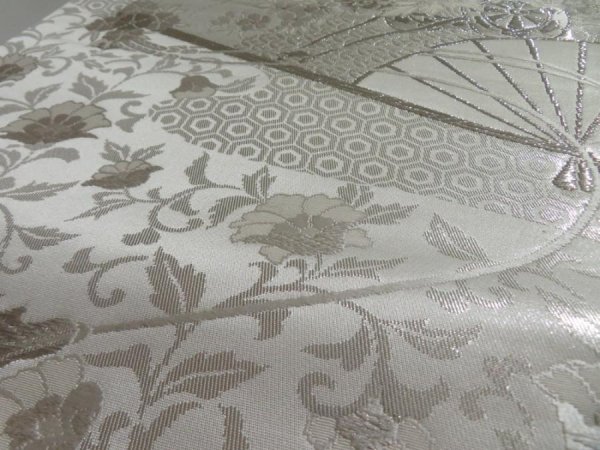 Photo5: 5115Y10z1000  Japanese Kimono Silk FUKURO OBI Folding fan Silver 173.2x12.2 (5)