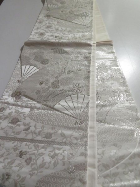 Photo6: 5115Y10z1000  Japanese Kimono Silk FUKURO OBI Folding fan Silver 173.2x12.2 (6)