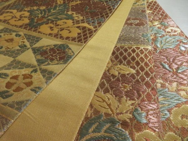 Photo2: 5115Y01z710  Japanese Kimono Silk FUKURO OBI Flowers Light brown 168.5x12.0 (2)