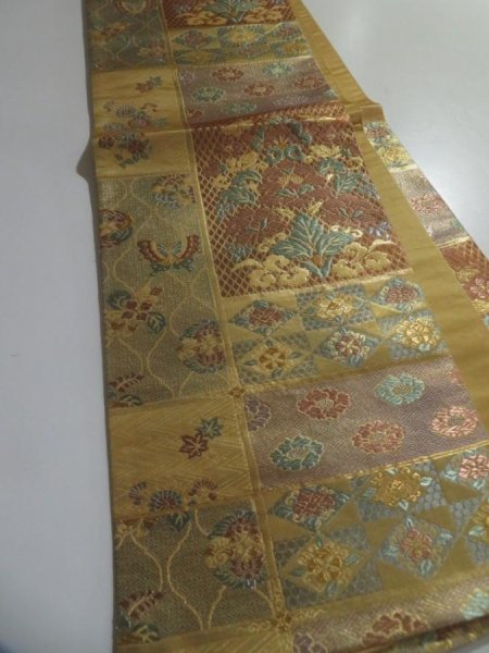 Photo3: 5115Y01z710  Japanese Kimono Silk FUKURO OBI Flowers Light brown 168.5x12.0 (3)