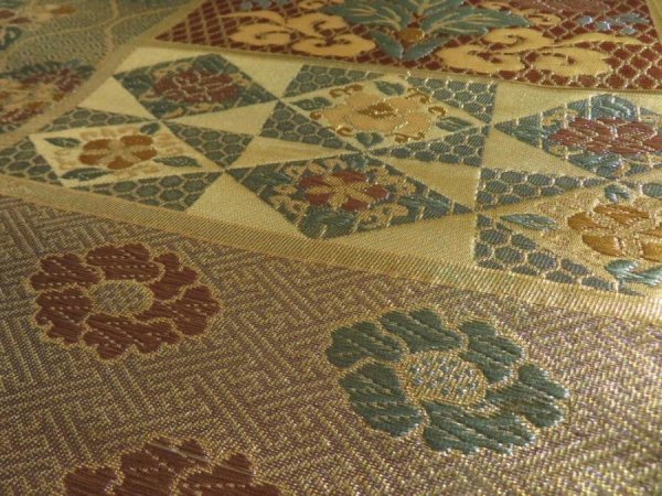 Photo5: 5115Y01z710  Japanese Kimono Silk FUKURO OBI Flowers Light brown 168.5x12.0 (5)