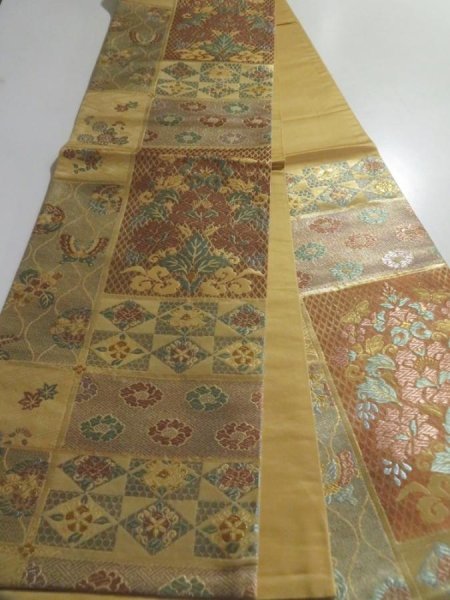 Photo6: 5115Y01z710  Japanese Kimono Silk FUKURO OBI Flowers Light brown 168.5x12.0 (6)