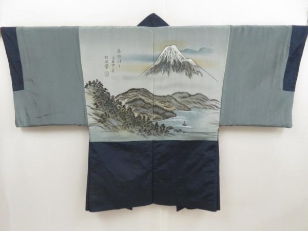 Photo1: 5107T06z550 Vintage Japanese Kimono Silk Men's HAORI Mt.Fuji Navy (1)