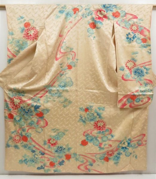 Photo1: 5107T10z940 Vintage Japanese Kimono Silk FURISODE Peony Light peach (1)