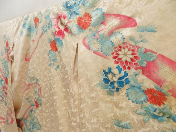 Photo2: 5107T10z940 Vintage Japanese Kimono Silk FURISODE Peony Light peach (2)