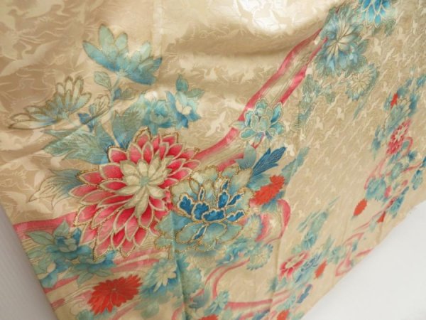 Photo3: 5107T10z940 Vintage Japanese Kimono Silk FURISODE Peony Light peach (3)