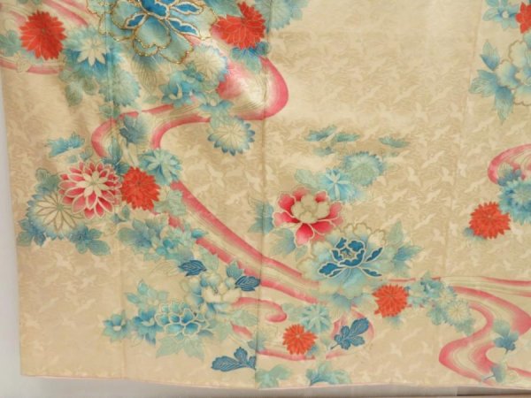 Photo6: 5107T10z940 Vintage Japanese Kimono Silk FURISODE Peony Light peach (6)