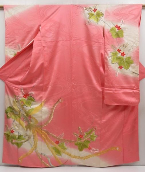 Photo1: 5107T11z1030 Vintage Japanese Kimono Silk FURISODE Phoenix Pink (1)