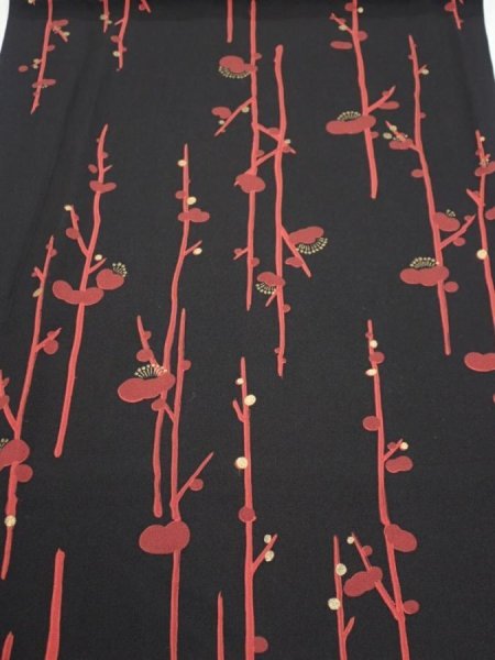 Photo1: 1L01z60  Japanese Kimono Silk  FABRIC Plum branch Black 40.9x14.2 (1)