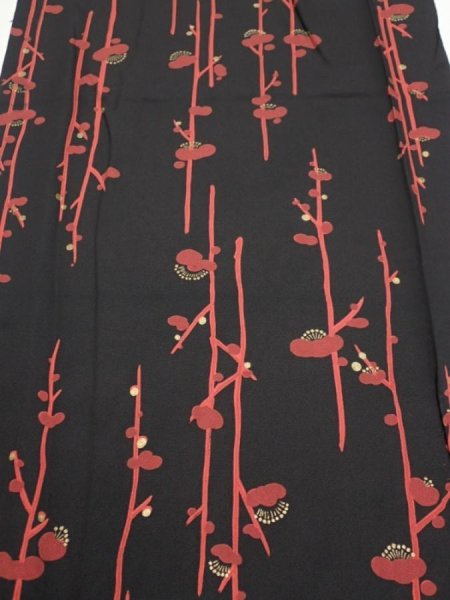 Photo1: 1L05z70  Japanese Kimono Silk  FABRIC Plum branch Black 44.1x14.4 (1)