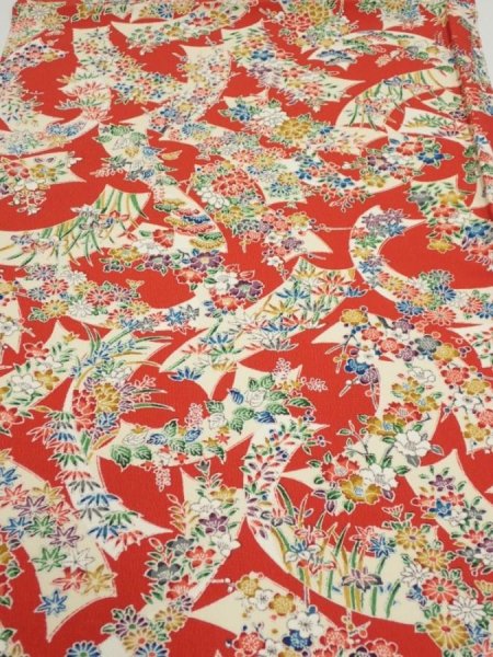 Photo1: 1L01z70  Japanese Kimono Crepe Silk  FABRIC Noshi Orange-Red 44.9x14.6 (1)