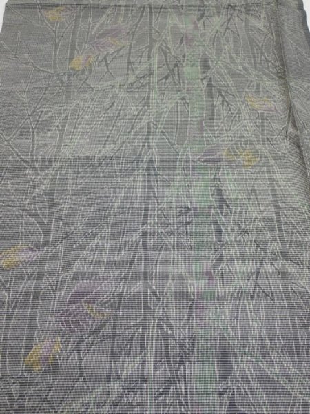 Photo1: 1L02z50  Japanese Kimono Silk  FABRIC Trees Gray 40.2x14.6 (1)