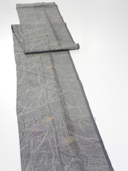 Photo3: 1L09z50  Japanese Kimono Silk  FABRIC Trees Gray 77.2x7.3 (3)