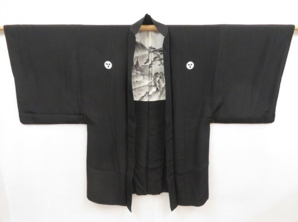Photo5: 5108T08z760 Vintage Japanese Kimono Silk Men's HAORI Mt.Fuji Black (5)