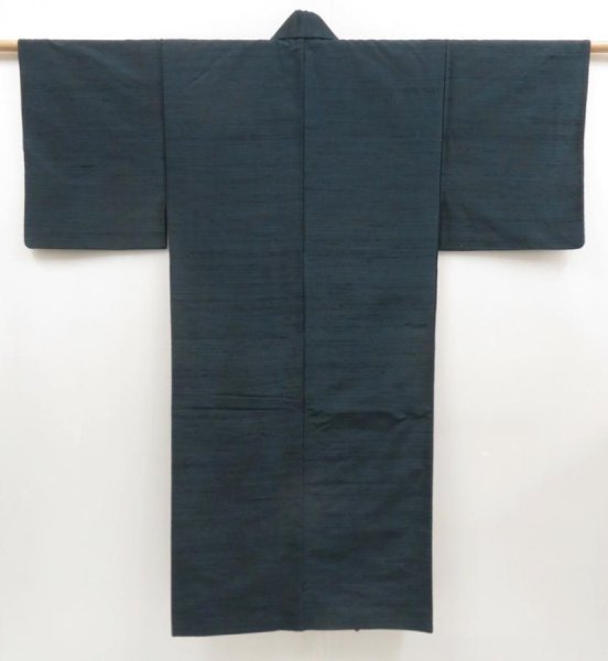 Photo1: 5108T09z1160 Vintage Japanese Kimono Silk Men's  Dark cyan (1)