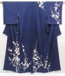 Photo1: 5108T12z830 Vintage Japanese Kimono Silk TSUKESAGE Plum blossom Dark navy (1)