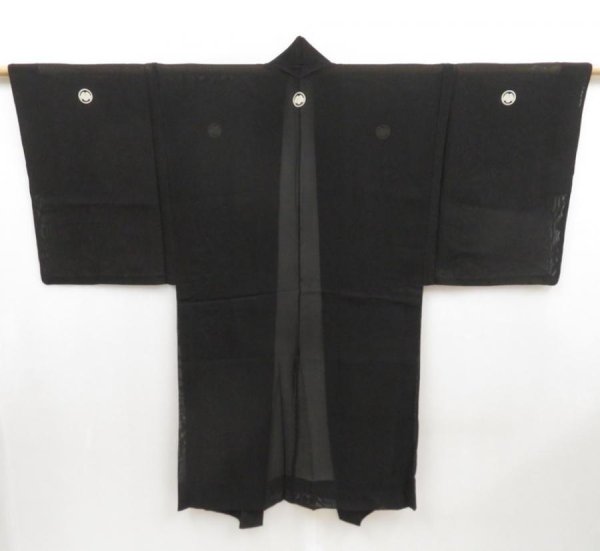 Photo1: 5108T01z390 Vintage Japanese Kimono Silk Men's See through LONG HAORI Black (1)