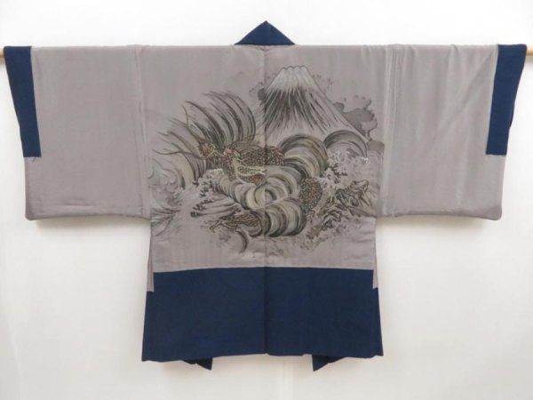 Photo1: 5108T11z820 Vintage Japanese Kimono Wool Men's HAORI Dragon Dark blue (1)