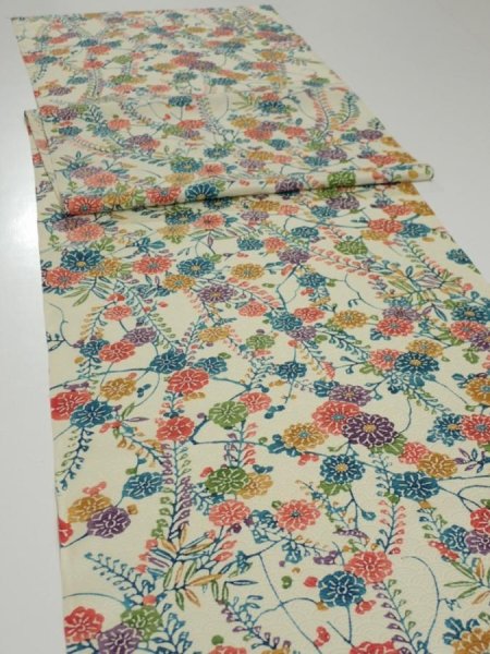 Photo3: 2W03z80  Japanese Kimono Silk  FABRIC Flowers Lime-White 77.6x14.4 (3)