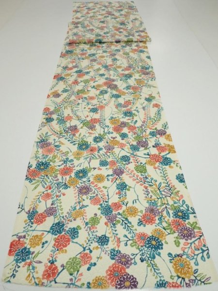 Photo5: 2W03z80  Japanese Kimono Silk  FABRIC Flowers Lime-White 77.6x14.4 (5)