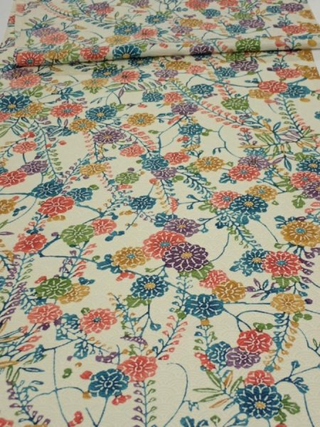 Photo1: 2W04z80  Japanese Kimono Silk  FABRIC Flowers Lime-White 82.7x14.4 (1)