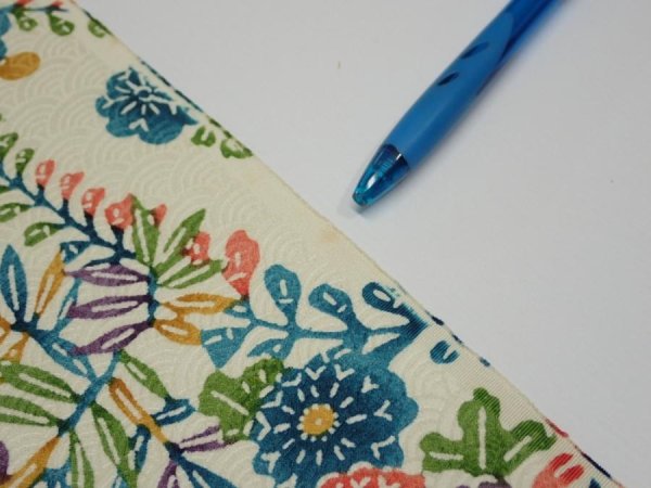 Photo6: 2W04z80  Japanese Kimono Silk  FABRIC Flowers Lime-White 82.7x14.4 (6)