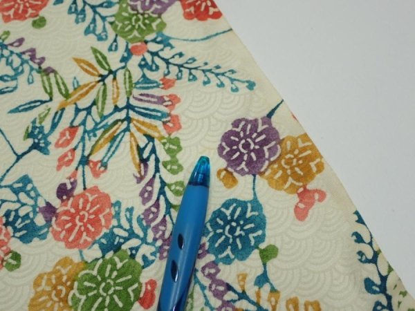 Photo7: 2W05z80  Japanese Kimono Silk  FABRIC Flowers Lime-White 79.9x14.4 (7)