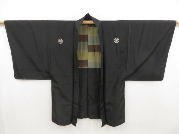 Photo1: 5110T03z490 Vintage Japanese Kimono Silk Men's HAORI  Black (1)