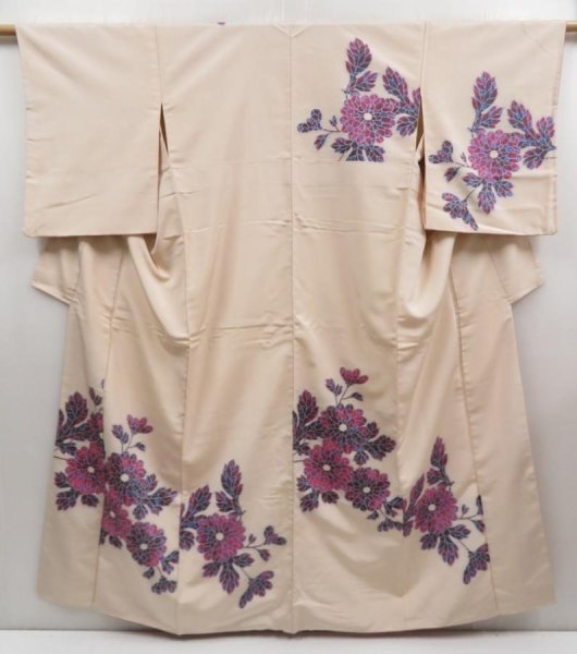 Photo1: 5110T12z1000 Vintage Japanese Kimono Silk TSUKESAGE Flower Off-white (1)